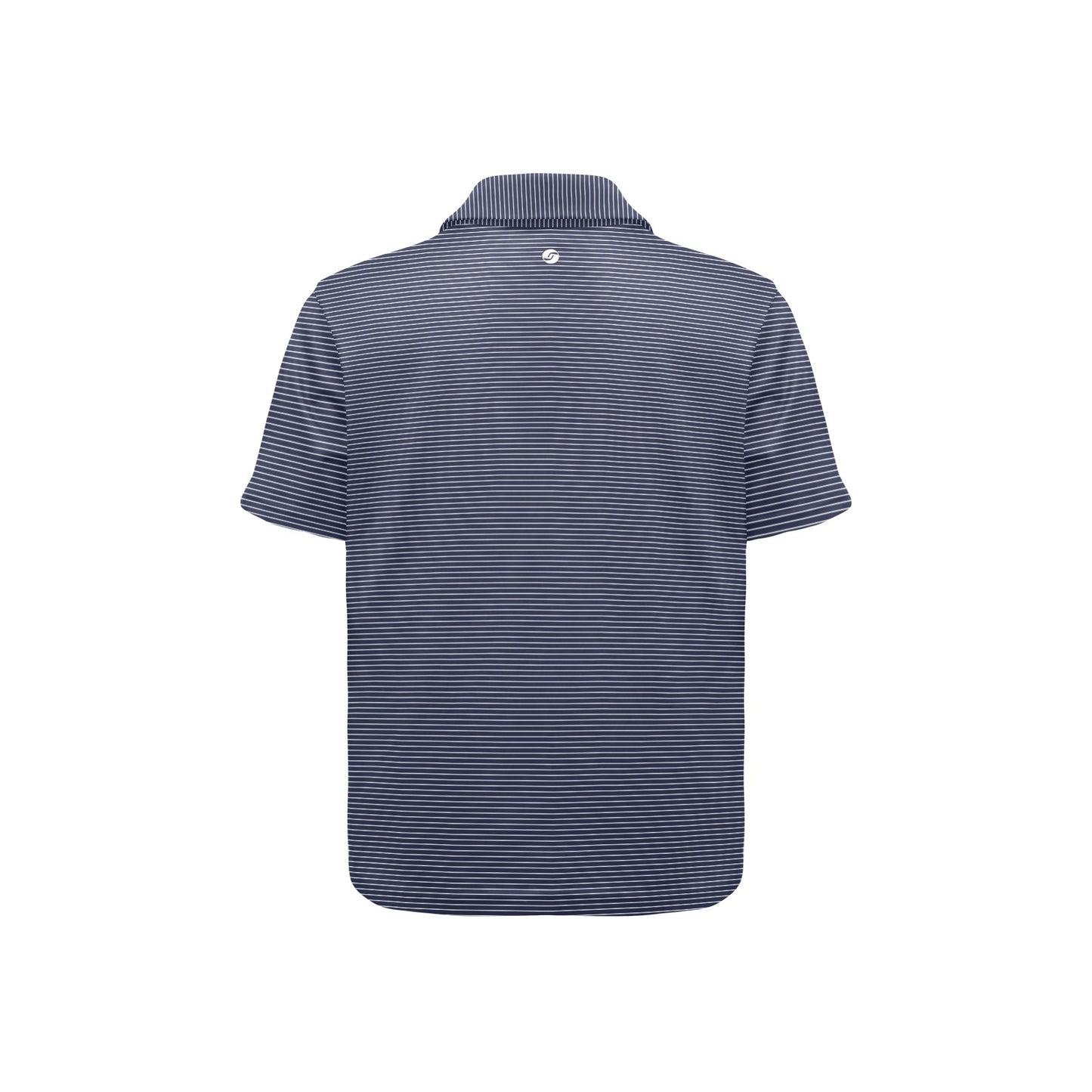 Navy striped polo shirt on a white background