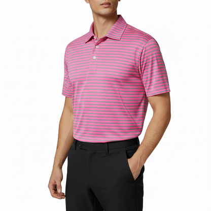 Person wearing a pink and white striped polo shirt on a white background