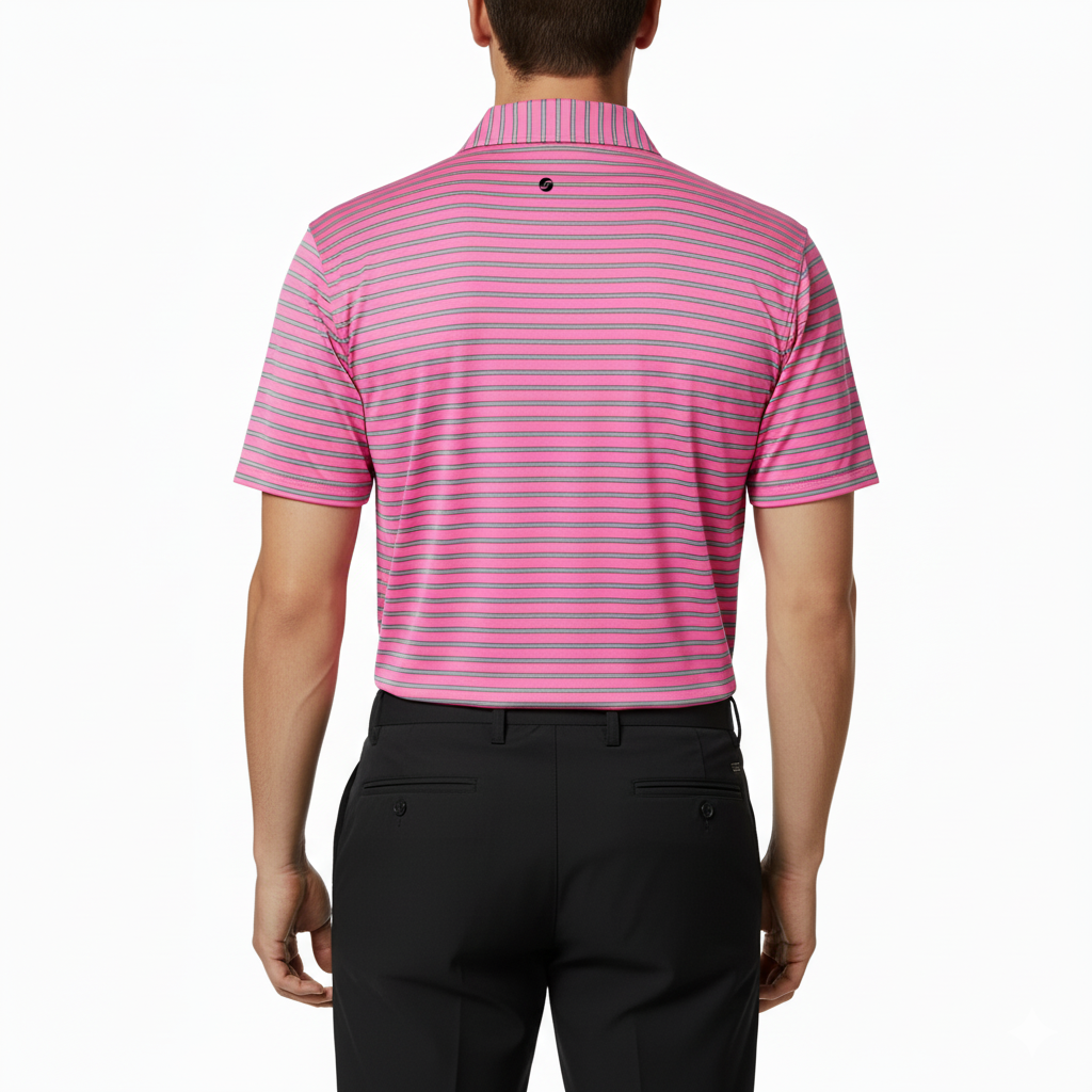 Person wearing a pink striped polo shirt and black pants on a white background