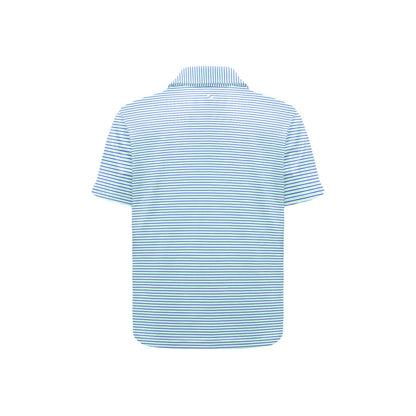 Blue and white striped polo shirt on a white background
