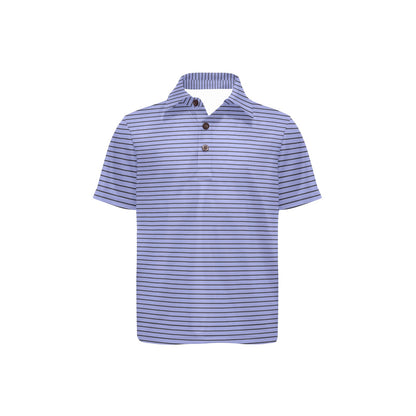 Blue and black striped polo shirt on a white background