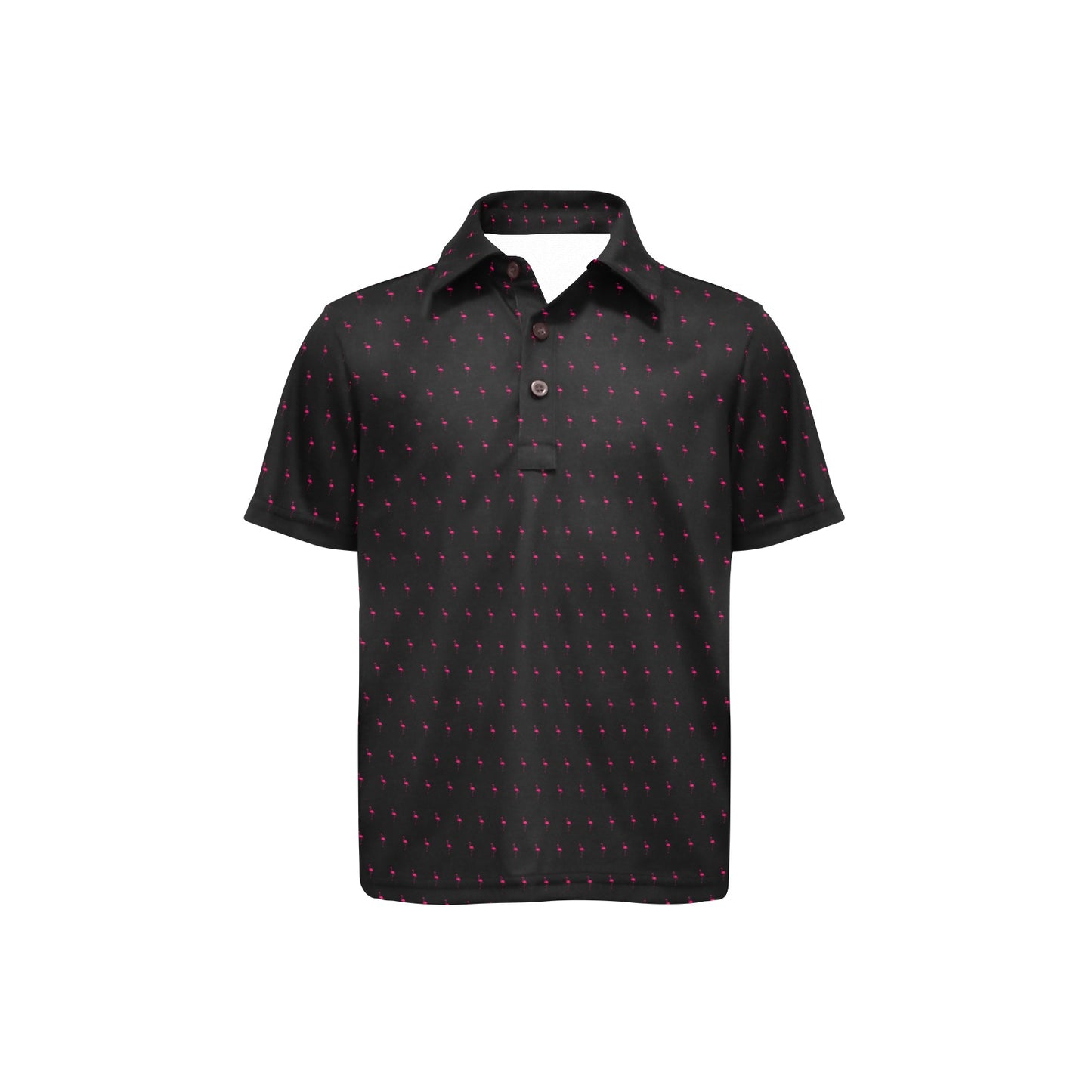 Black polo shirt with pink flamingo pattern on a white background