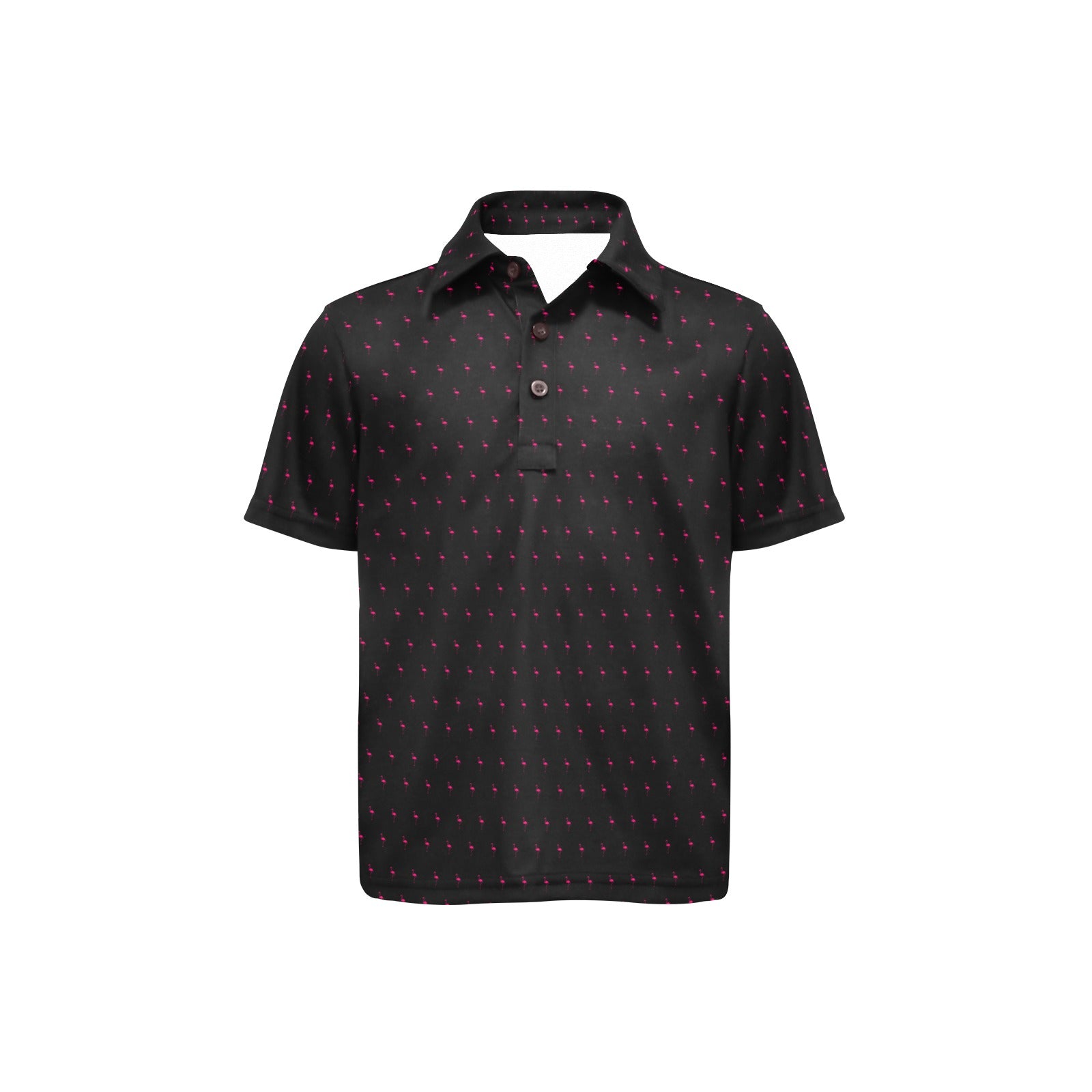Black polo shirt with pink flamingo pattern on a white background
