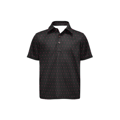Black polo shirt with pink flamingo pattern on a white background