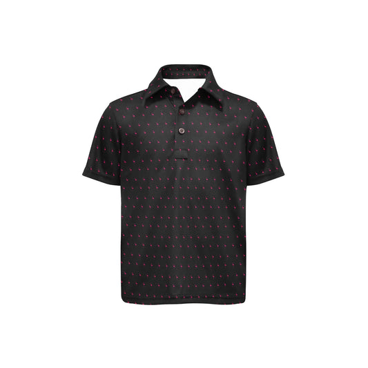 Black polo shirt with pink flamingo pattern on a white background