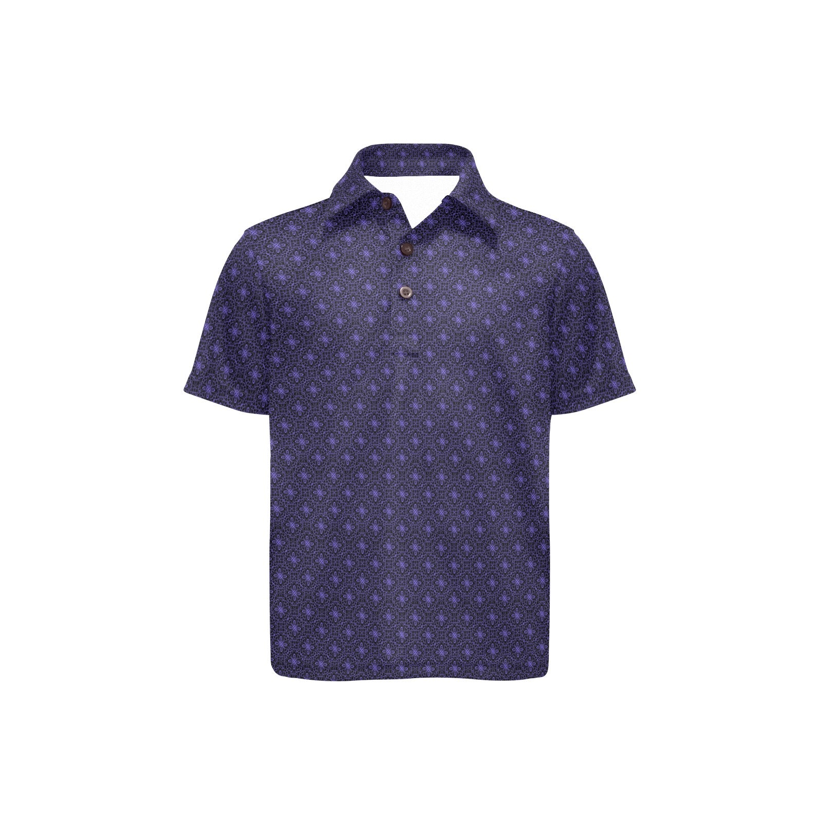 black and violet polo shirt with subtle pattern on a white background