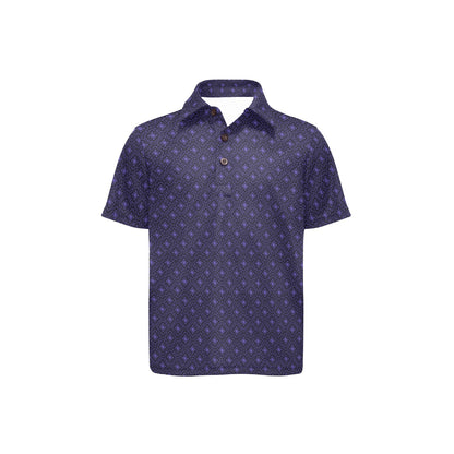 black and violet polo shirt with subtle pattern on a white background
