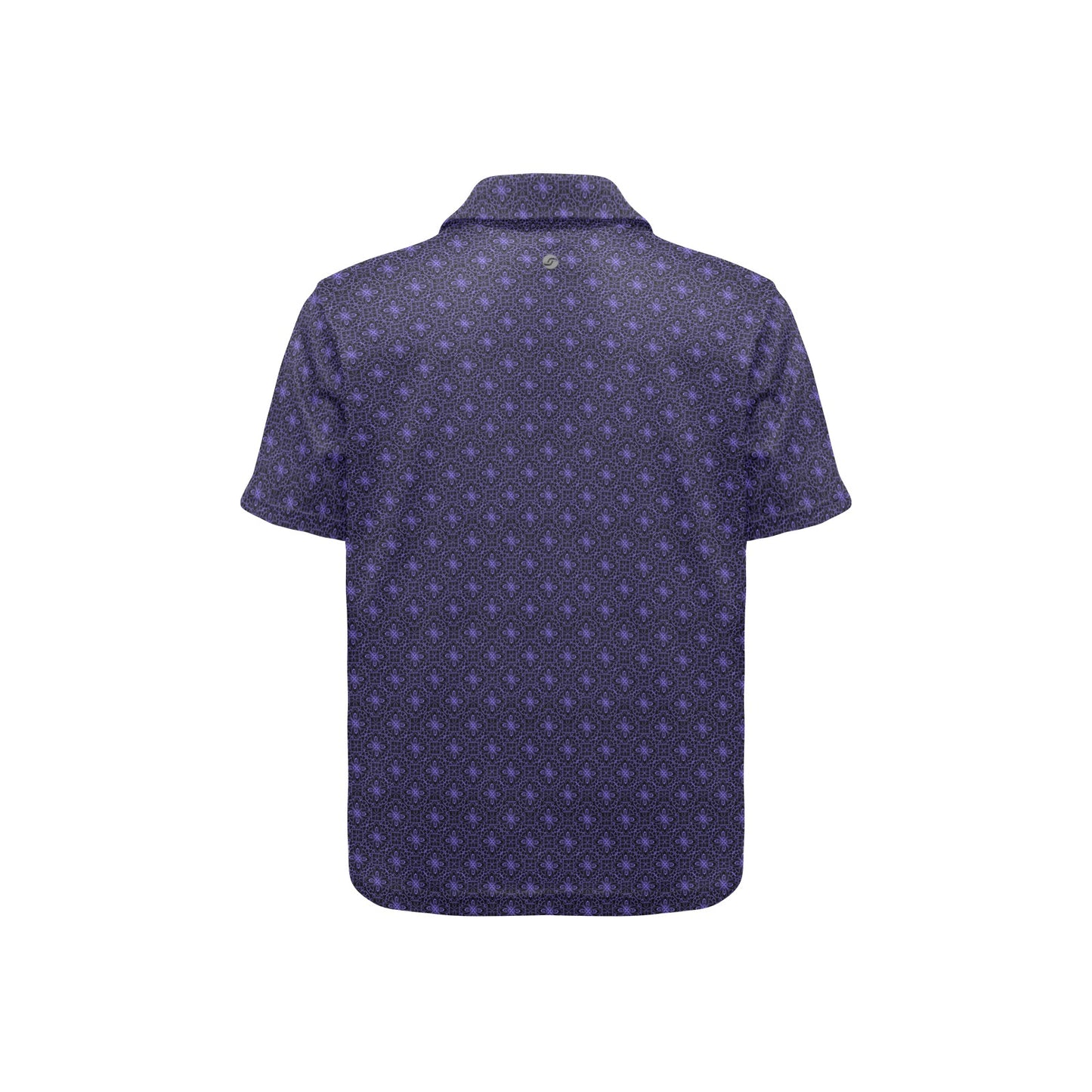 black and violet patterned polo shirt on a white background