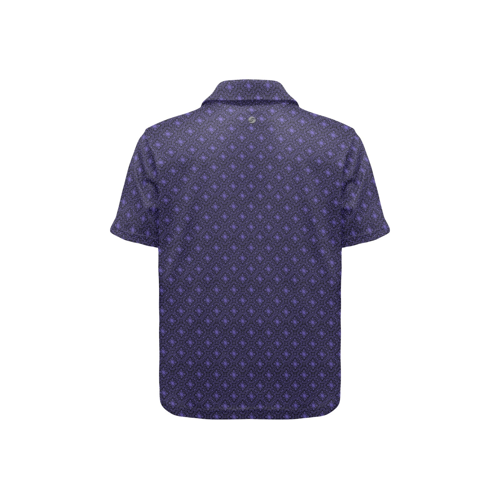 black and violet patterned polo shirt on a white background