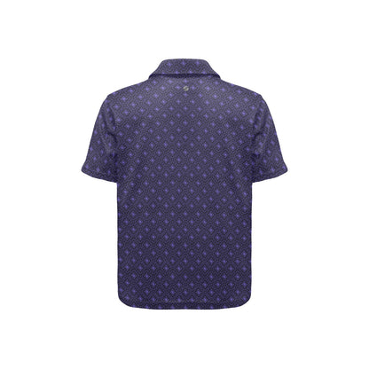black and violet patterned polo shirt on a white background