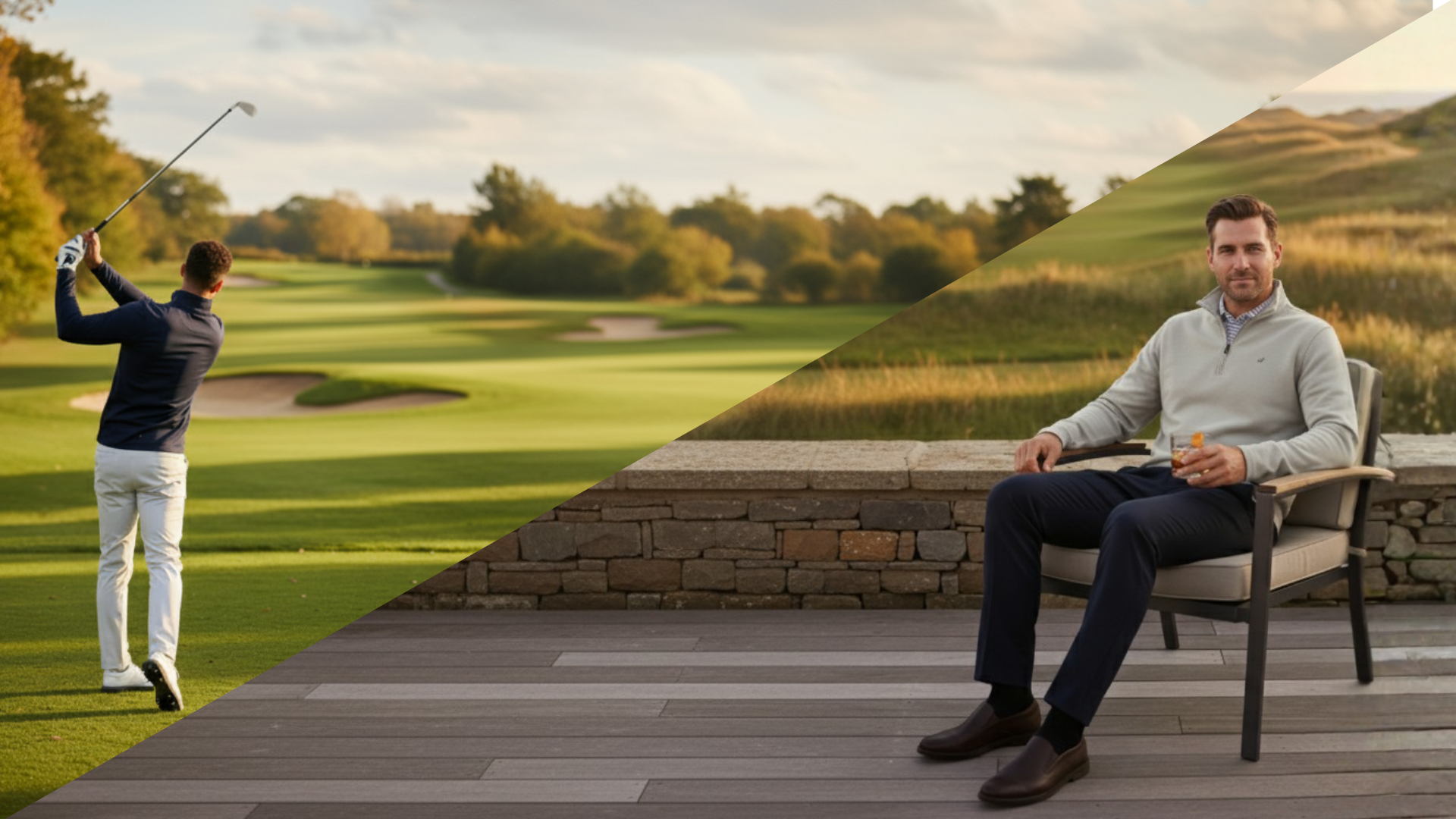 Golf player in action on a golf course split with a man sitting on a chair outdoors.