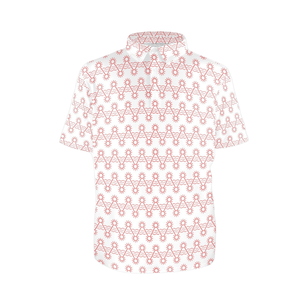 White shirt with orange geometric pattern on a white background