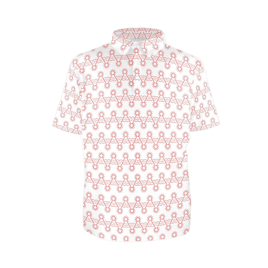 White shirt with orange geometric pattern on a white background