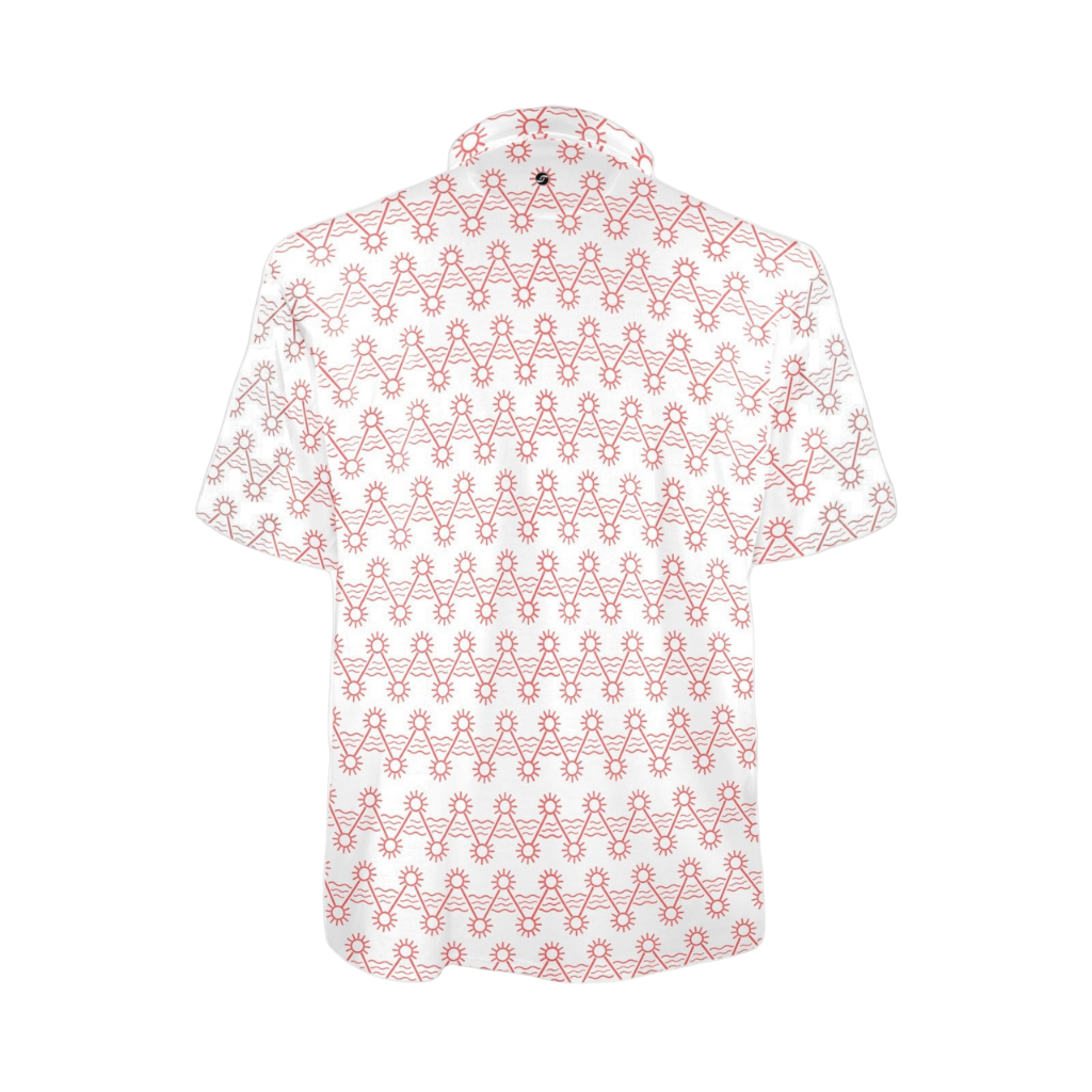 White shirt with orange geometric pattern on a white background