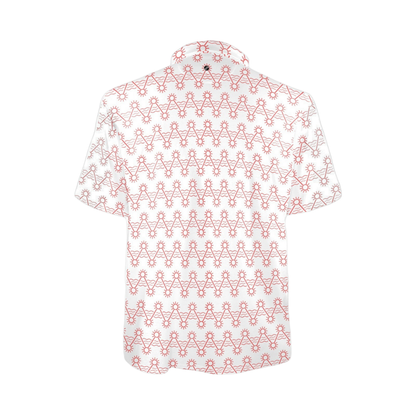 White shirt with orange geometric pattern on a white background
