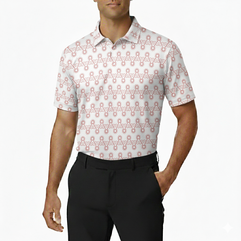 Man wearing a white polo shirt with orange geometric pattern and black pants on a white background