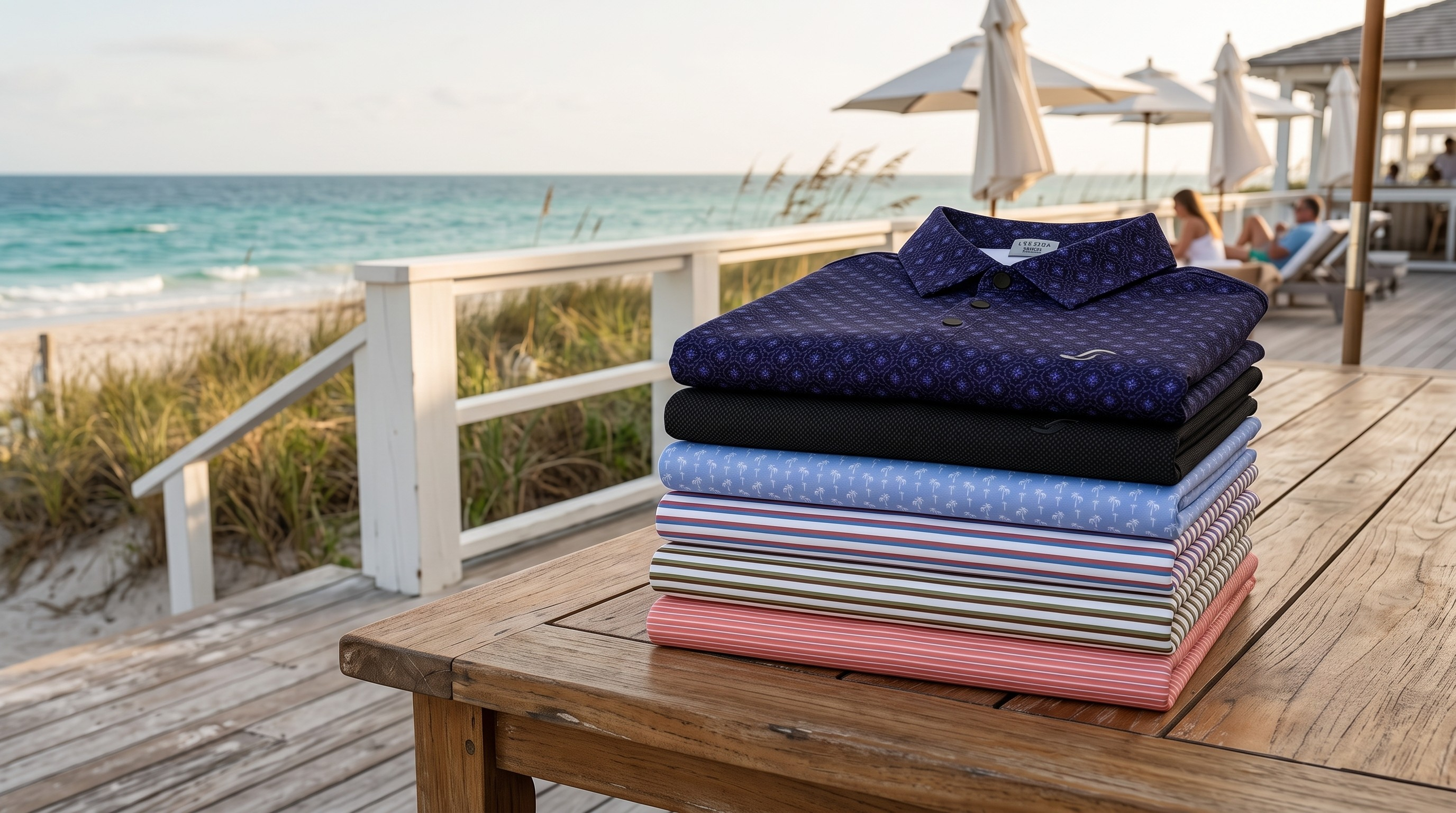 A stack of folded dress shirts in various patterns and colors sits on a wooden table at a beachside restaurant, with the ocean and patio umbrellas in the background.