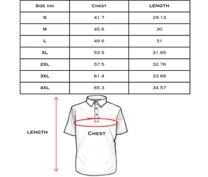 Size chart for a shirt with measurements labeled on a white background