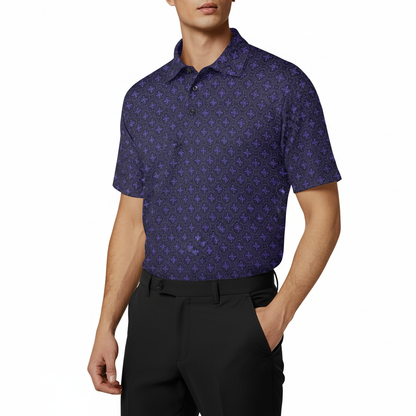 Man wearing a blue patterned polo shirt and black pants on a white background