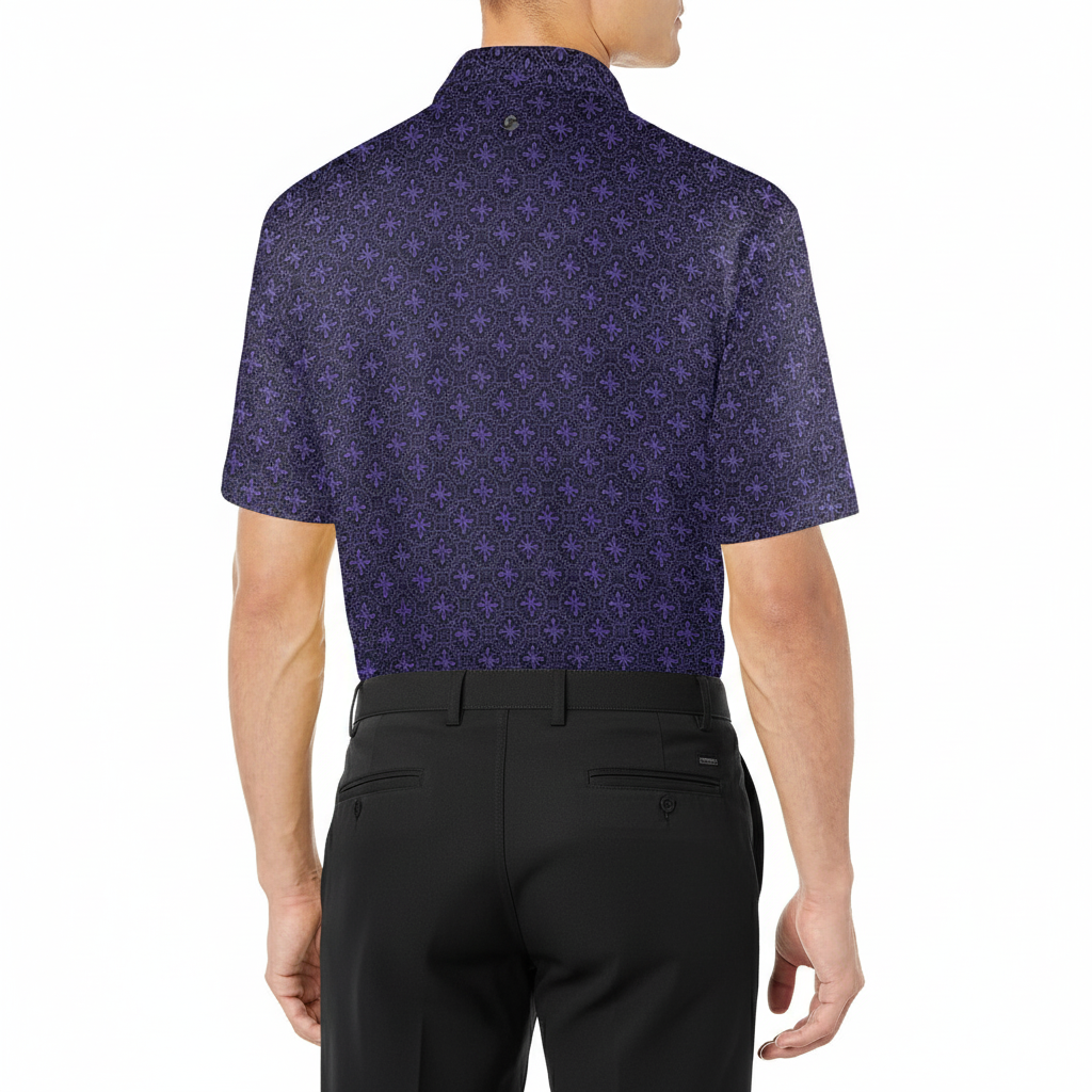 Man wearing a navy patterned shirt and black pants on a white background