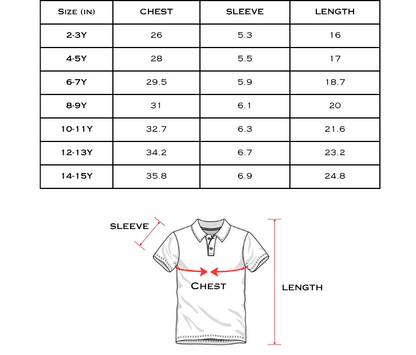 Measurement chart for a children's polo shirt with size chart and diagram.