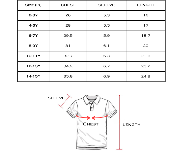 Measurement chart for a children's polo shirt with size chart and diagram.